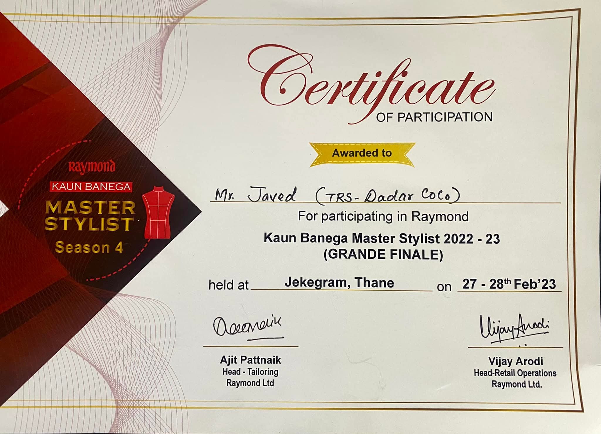 Raymond Certificate of Participation